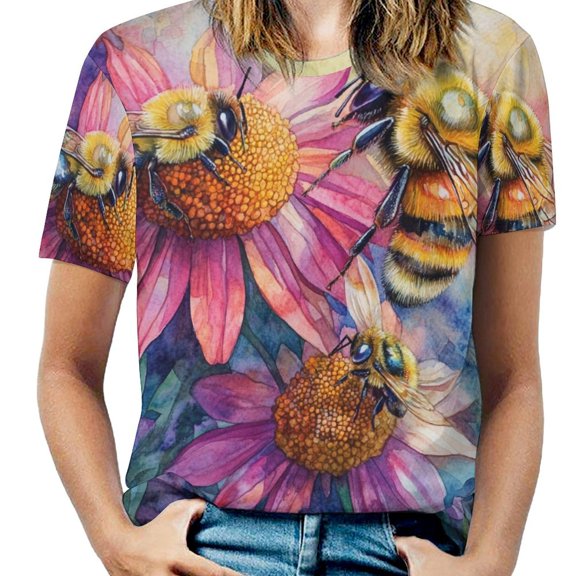Happy Cute Bees Womens Tops Women's Fashion Casual Short Sleeve Flower Print Round Neck Pullover Top Blouse