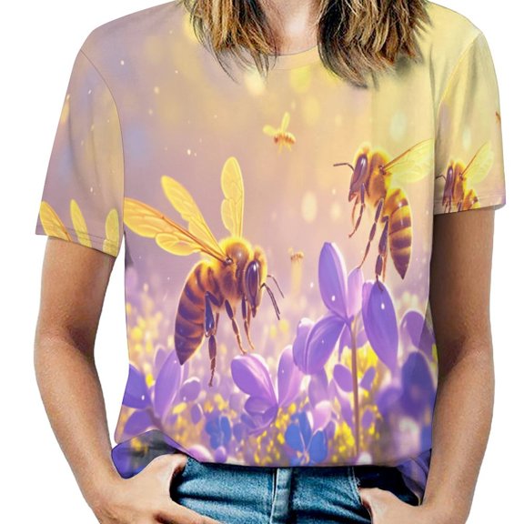 Happy Cute Bees Womens Tops Women's Fashion Casual Short Sleeve Flower Print Round Neck Pullover Top Blouse