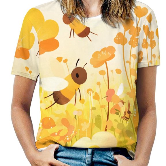 Happy Cute Bees Womens Tops Women's Fashion Casual Short Sleeve Flower Print Round Neck Pullover Top Blouse