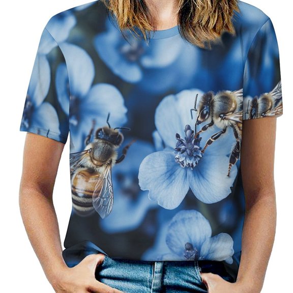 Happy Cute Bees Womens Tops Women's Fashion Casual Short Sleeve Flower Print Round Neck Pullover Top Blouse