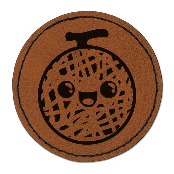Happy Cute Honeydew Melon 2.5" Faux Leather Round Engraved Iron-On Patch - Brown