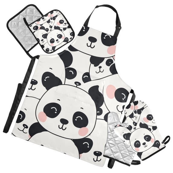 Happy Cute Pandas 5 Pcs Kitchen Set Heat Resistant Oven Mitts and Non-Slip Pot Holders with Adjustable Cooking Apron