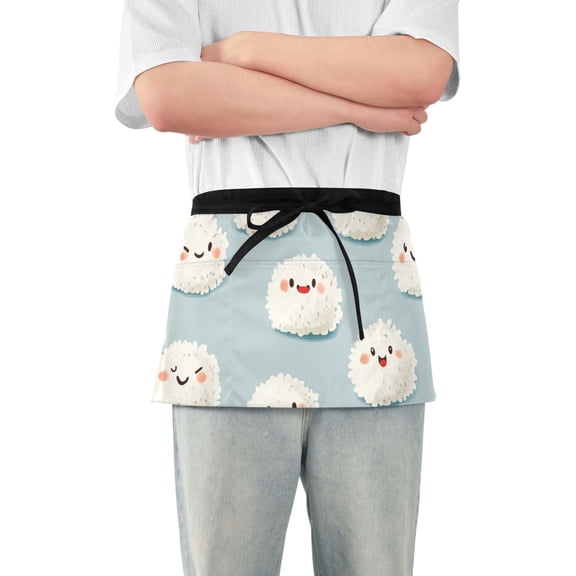 Happy Cute Rice Cartoon Short Server Apron with 3 Pockets for Unisex Chef Gardening