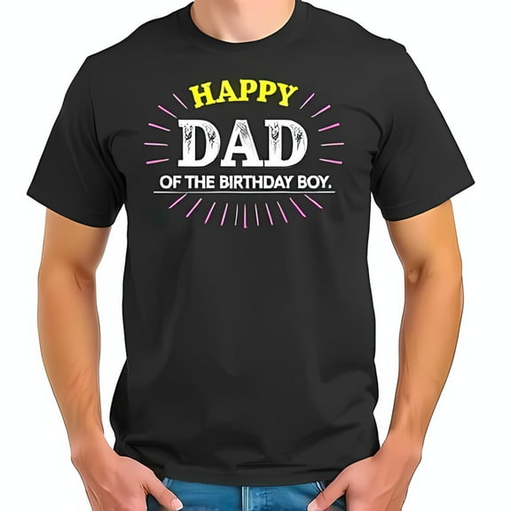 Happy Dad of the Birthday Boy Cotton Short Sleeve T-Shirt - Stylish Yellow & White Text with Pink Radiating Lines - Perfect Gift for Proud Fathers