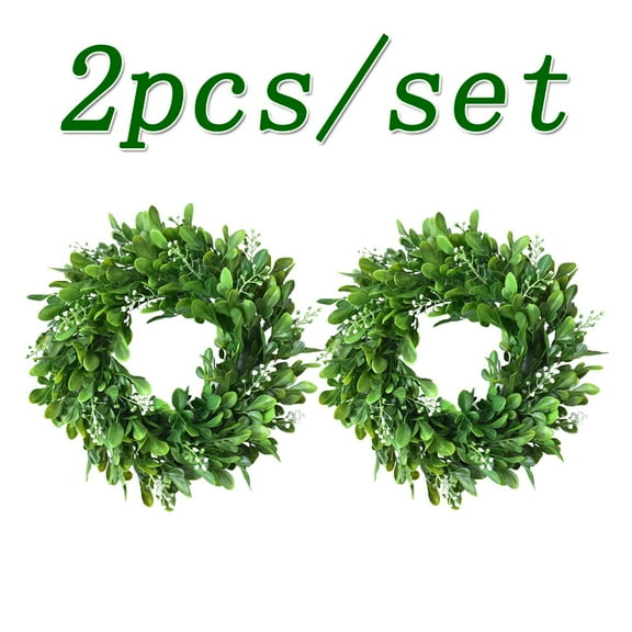 Happy Date 11.8 Inch Faux Kitchen Cabinet Wreaths Mini Boxwood Wreaths Kitchen Decor Small Farmhouse Wreaths Artificial Greenery Wreaths for Kitchen Cabinet Doors，2Pcs/set