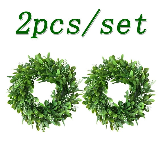 Happy Date 11.8 Inch Faux Kitchen Cabinet Wreaths Mini Boxwood Wreaths Kitchen Decor Small Farmhouse Wreaths Artificial Greenery Wreaths for Kitchen Cabinet Doors,2Pcs/set