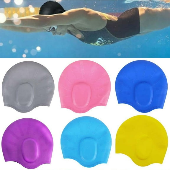 Happy Date 1pack Silicone Swim Cap Ear 3D Ergonomic Design Waterproof Bathing Solid Swimming Cap Ear Cover Pockets Comfortable for Adult Men Women Long Hair