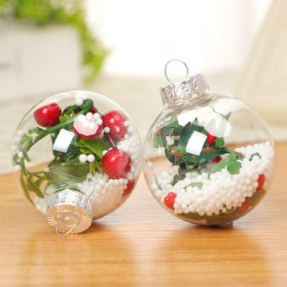 Happy Date 2Pcs Christmas Bulb Ornament Balls Clear Plastic Glass Ball Craft Baubles Ornaments Fillable Unbreakable Shatterproof Hanging Tree Ornaments Snow Berry Pine Filling Ornaments
