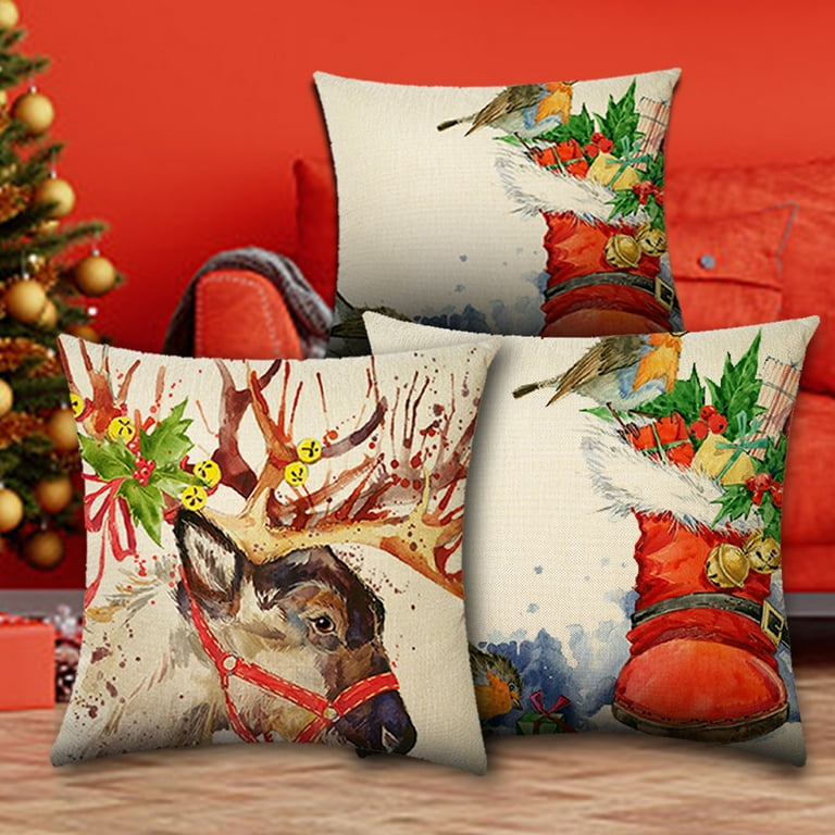 Square Christmas Pillows Covers 18x18 Inch Set of 4, Linen Throw