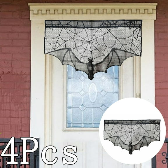 Happy Date 4pcs Halloween Curtains Black Bats Halloween Lace Window Curtain, Spooky Lace Door Curtain Panels for Halloween Window Decorations, 37.4" x 22.44"