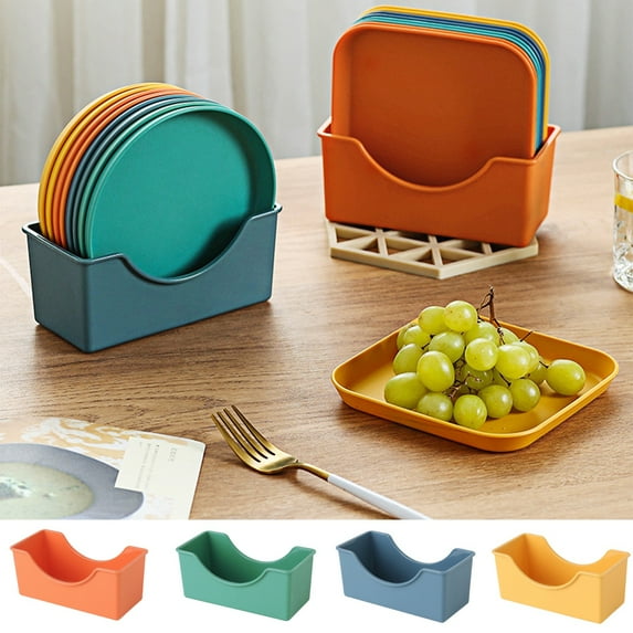 Happy Date 6 Inch Wheat Straw Deep Dinner Plates, Unbreakable Lightweight Dinner Dishes, Plastic Plates Reusable, Microwave and Dishwasher Safe,Can with Storage Rack