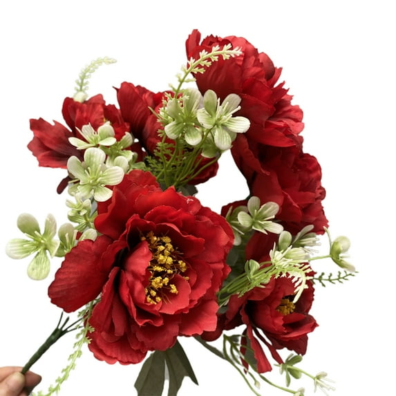 Happy Date Artificial Flowers, 6 Heads Fake Peony Silk Hydrangea Bouquet Decor Plastic Carnations Realistic Flower Arrangements Wedding Decoration Table Centerpieces Red 2Pcs