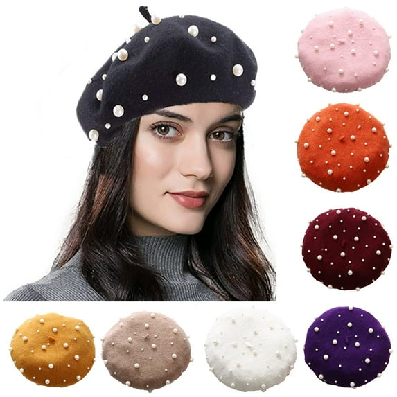Happy Date Beret Pearl Hat French Style Beanie Cap Solid Color Winter Hat for Women and Girls Casual Use