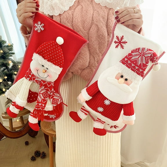 Happy Date Christmas Stockings Felt Large Plush 3D Reindeer Snowman Design Hanging Stocking for Girls Boys Xmas Tree Mantel Party Decor