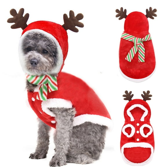 Happy Date Dog Cat Christmas Reindeer Costume, Funny Pet Elk Cosplay Dress, Puppy Fleece Outfits Warm Hoodie Xmas Apparel Clothes