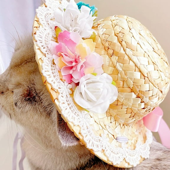 Happy Date Dog Straw Hat Spring Summer Sunhat with Flower Dog Cap with Adjustable String for Pet Puppy Cat Party Daliy Decoration