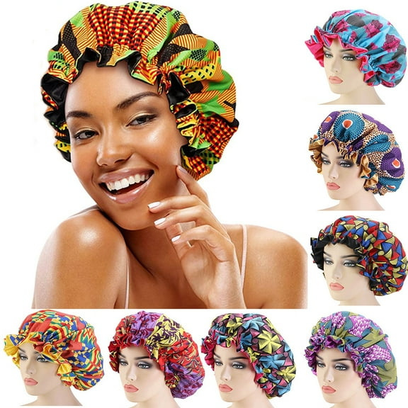 Happy Date Double Layer Printd Large Satin Sleep Bonnet African Silky Adjustable Bonnet Sleeping Caps for Curly Hair Black for Girls Women
