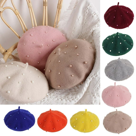 Happy Date Faux Pearl Decor Kids Hat Winter Wool Beret Hat Beanie Cap Floppy Fedora Hat Artist Dome Beret Cap