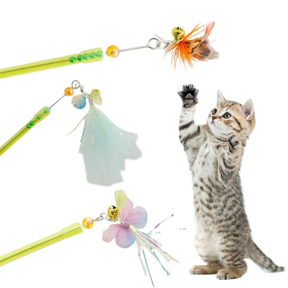 Happy Date Indoor Cat Wand Toys,3Pcs Extended Wand,Colorful Interactive Cat Toys Set with Bell, 22 Inch Long Cat Wand Gifts for Cats Kitten Puppy Play Exercise