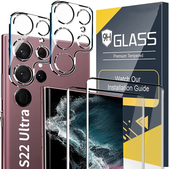[2+2 Pack] Galaxy S22 Ultra Screen Protector, 9H Tempered Glass, Ultrasonic Fingerprint Support, 3D Curved, HD Clear Scratch Resistant for Samsung Galaxy S22 Ultra 5G Glass Screen Protector