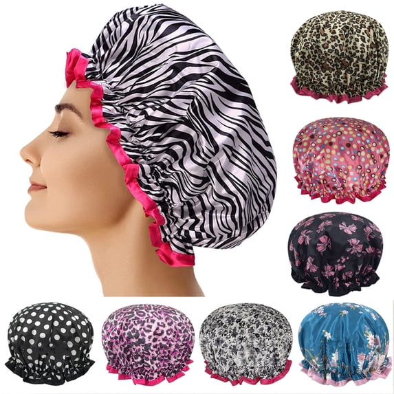 Happy Date Shower Caps for Women Waterproof Bath Hat Hair Cover Caps Elastic Band Reusable Double Layer Stylish Satin Hair Bonnet for All Hair Length