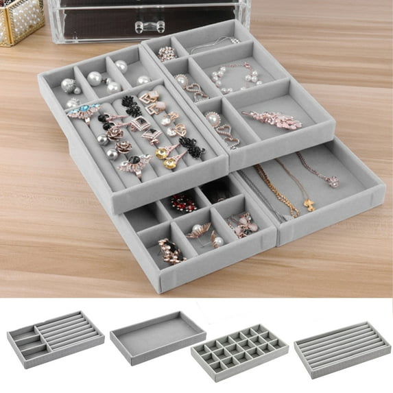 Happy Date Stackable Jewelry Organizer Trays for Drawers, Jewelry Display Case Storage Container for Earring Necklace Rings Bracelet -Grey