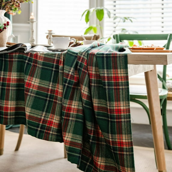 Happy Date Sully Tartan Christmas Plaid Fabric Tablecloth Cotton Traditional Holiday Woven Plaid Tablecloth