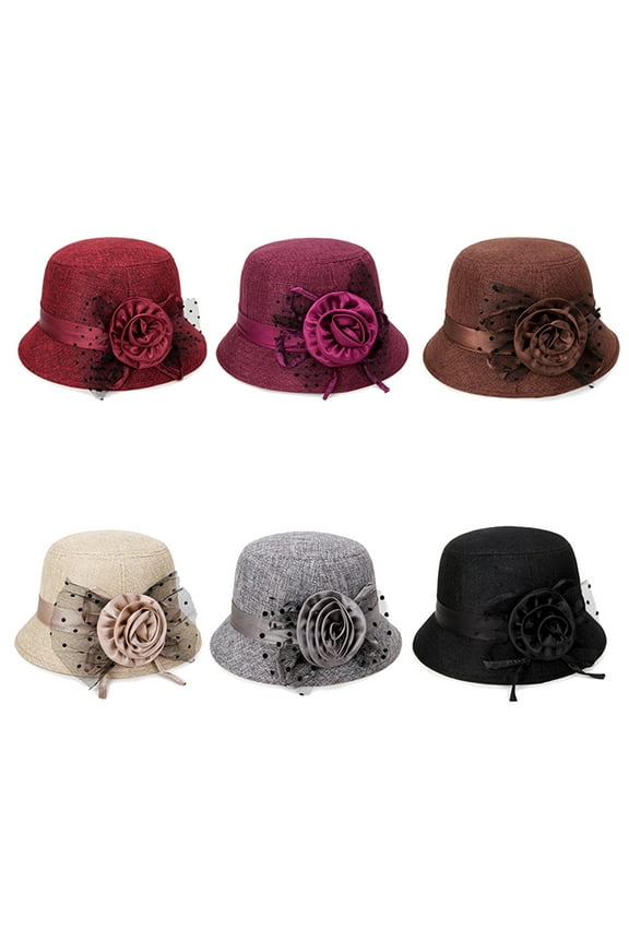 Women Vintage Flowers Bucket Cloche Bowler Hat Church Wedding Dress Fascinator Hat Winter Felt Fedoras