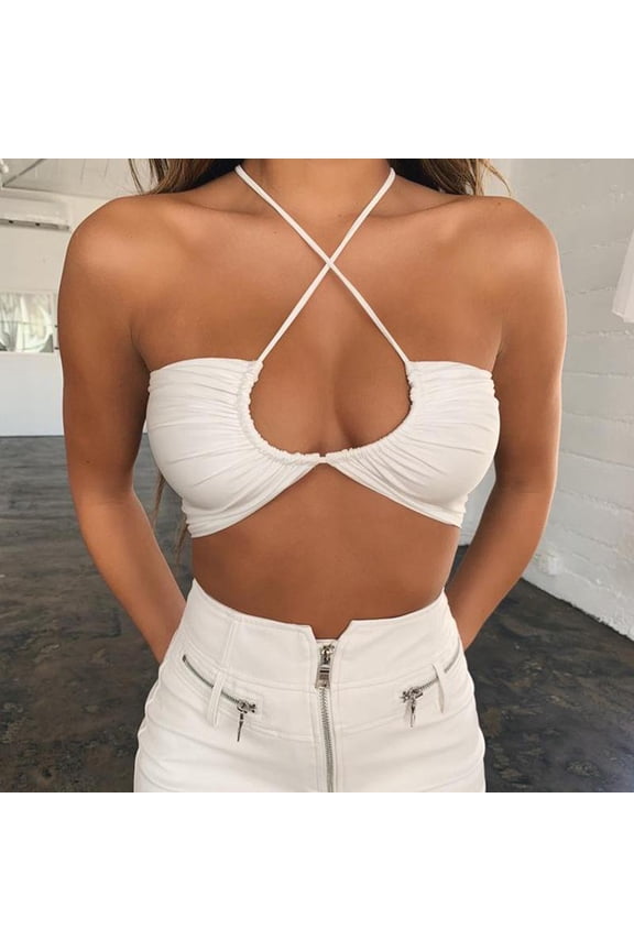 Women's Criss Cross Drawstring Tie Sleeveless Backless Spaghetti Strap Crop Halter Top