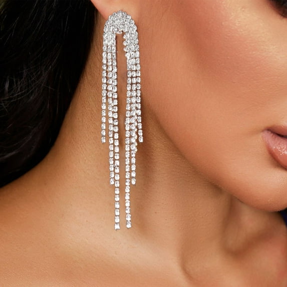 Happy Date Women's Linear Long Tassels Diamante Rhinestone Dangle Party Eardrop Earrings