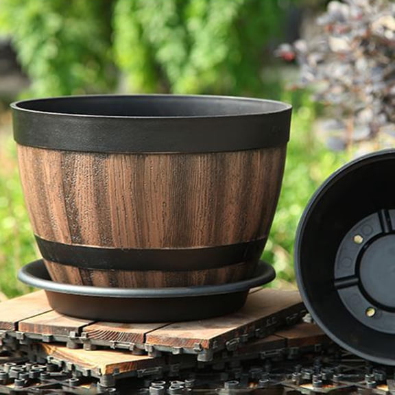 Happy Date Wooden Bucket Barrel Planters – Rustic Flower Planters Pots Boxes Container with Drainage Holes for Indoor Home Decor Small Plants, Brown
