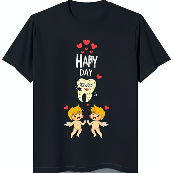 Happy Day Cartoon Tooth T-Shirt Black Tee with Cupids & Hearts Design