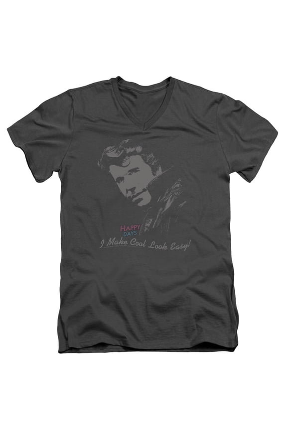 Happy Days Cool Fonz Adult V-Neck T-Shirt Charcoal