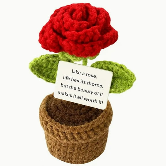 Happy Decoration Festival Creative Gift, Mini Handmade Positive flower Crochet with Message Card,Gifts for Teachers Mom (Red Rose)