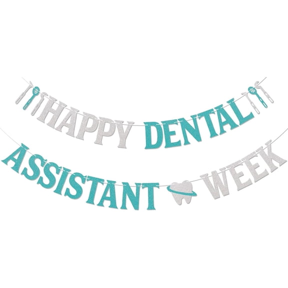Happy Dental Assistant Week Banner - Happy Dentist's Day Sign, Dental Assistant Week Appreciation Party Decorations Silver Blue