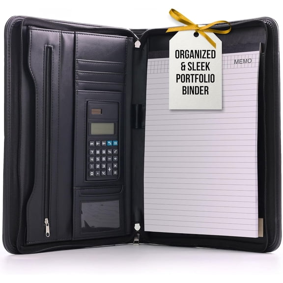 Happy Desk Black Leather Business Portfolio Binder with Zipper Padfolio Portfolio Folder, Protective Tablet Sleeve, Presentation Slot, Solar Calculator, Card Storage, Writing Pad, Notebook Organize
