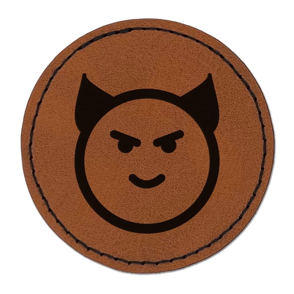 Happy Devil Face Emoticon 2.5" Faux Leather Round Engraved Iron-On Patch - Brown