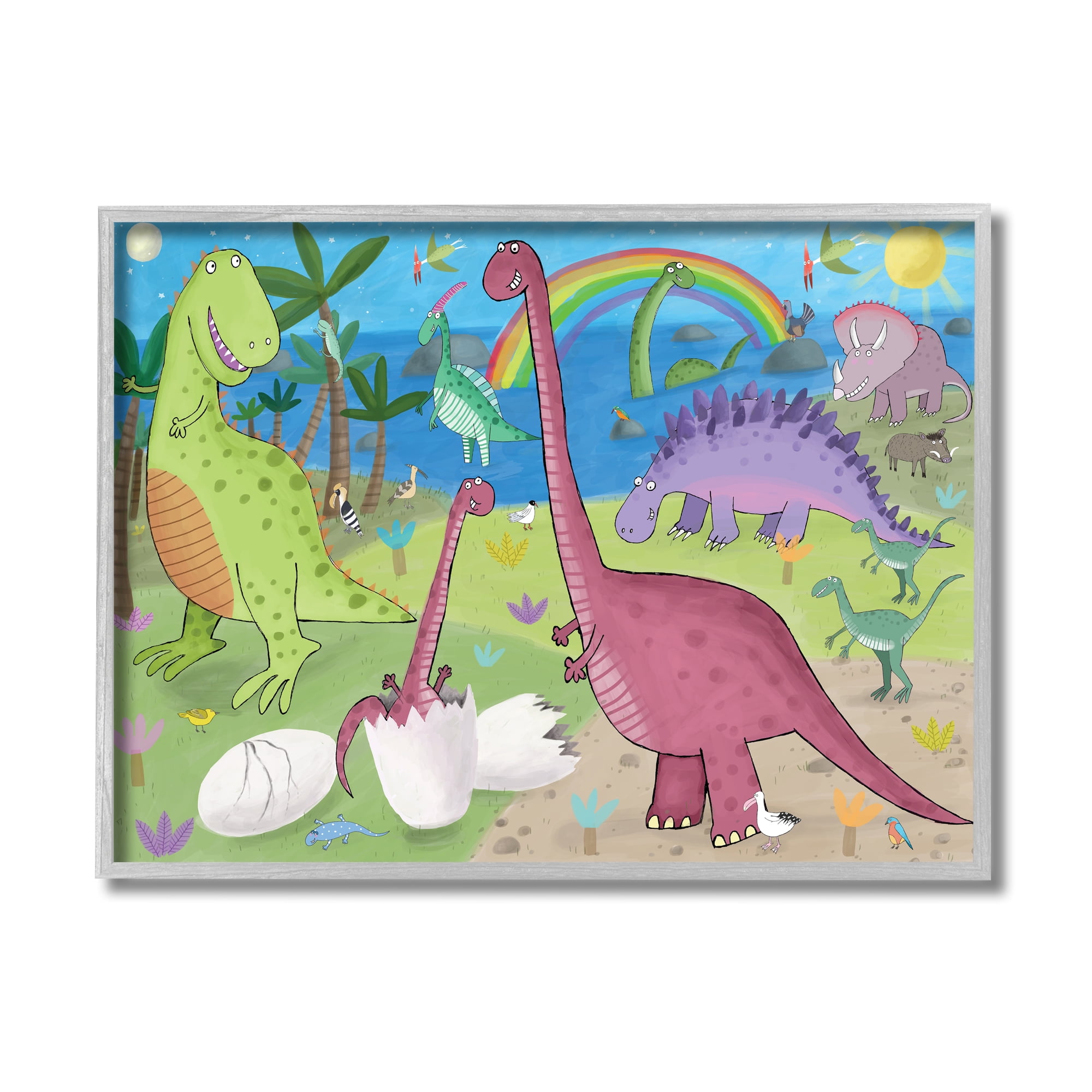 Stupell Industries Happy Dinosaurs Playing by Rainbow Illustration,16 x 20,Designed by Carla Daly