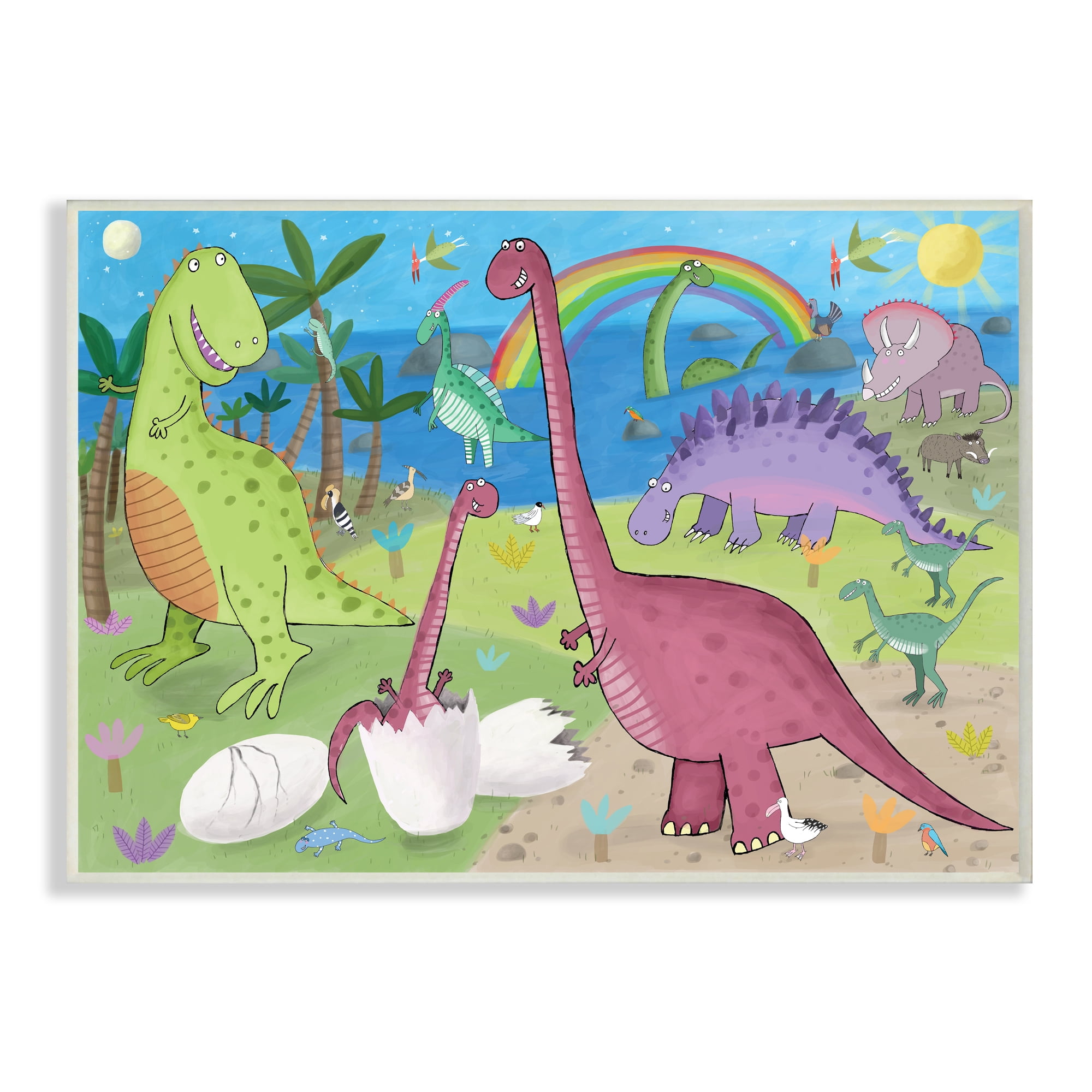 Stupell Industries Happy Dinosaurs Playing by Rainbow Illustration,10 x 15,Designed by Carla Daly