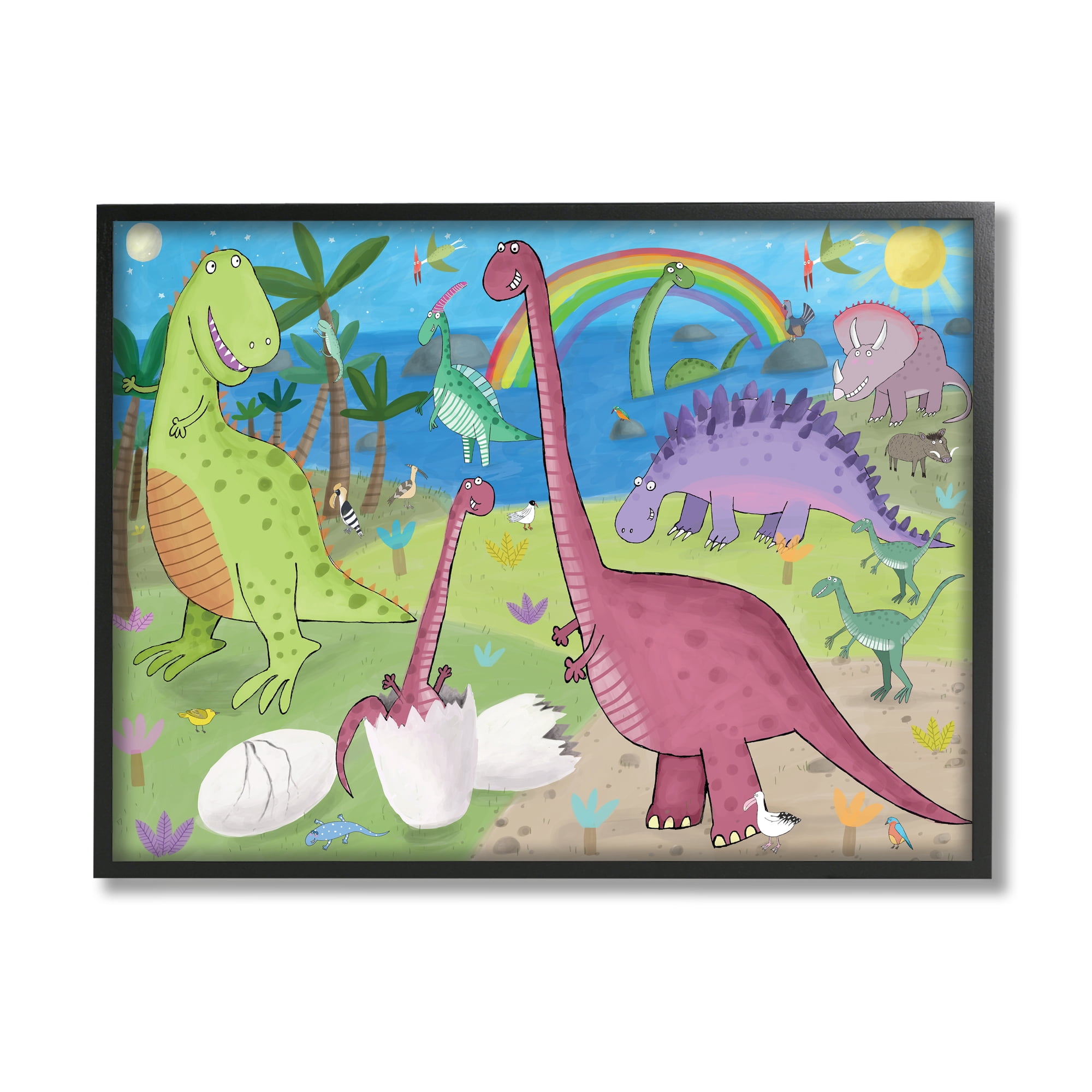 Happy Dinosaurs Playing by Rainbow Illustration 30 in x 24 in Framed Painting Art Print, by Stupell Home Décor