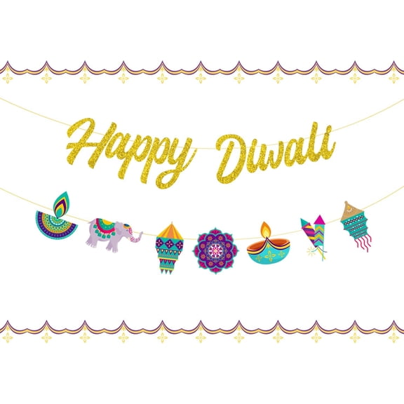 Happy Diwali Banner Glitter, Diwali Party Decorations, Indian Festival of Lights Themed Garland for Hindu Deepavali Party Supplies for Home House Yard