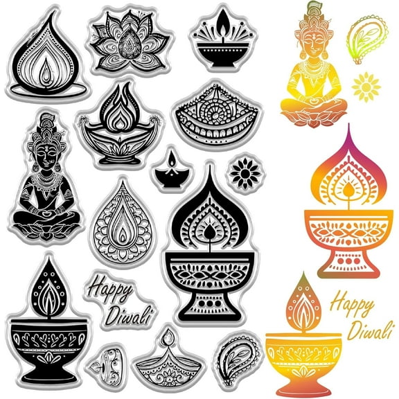 Happy Diwali Clear Stamp PVC Plastic Reusable Rubber Festivals Stamps Candles Lights Party Background Stamps Reusable for DIY Making
