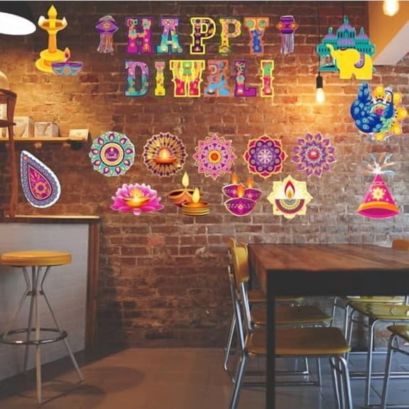 Happy Diwali Cutout Decorations, 47pcs Diwali Deepavali Diyas Party Banner Decoration, India Rangoli Hanging Cutout Cards for Diwali Festival Party Decorations for Wall, Door, Window, Ceiling