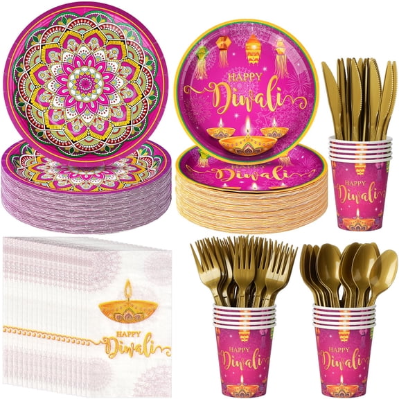 Happy Diwali Paper Plates and Napkins, AFN1Diwali Party Decorations, Deepawali Festival of Lights Disposable Paper Plates Napkins Cups for Indian Diwali Light Festival Party Supplies, Serve 50