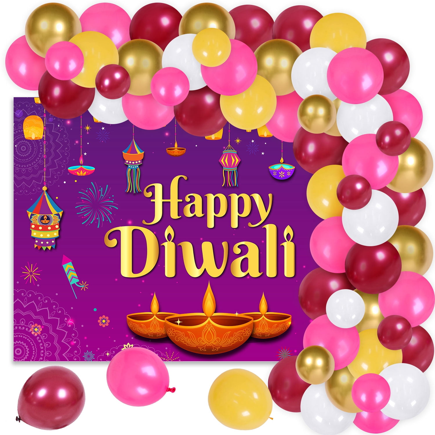 Happy Diwali Party Decoration with Balloon Arch Kit and Happy Diwali Backdrop for India Diwali Festival Party for Adult Kids Home Living Room Decoration