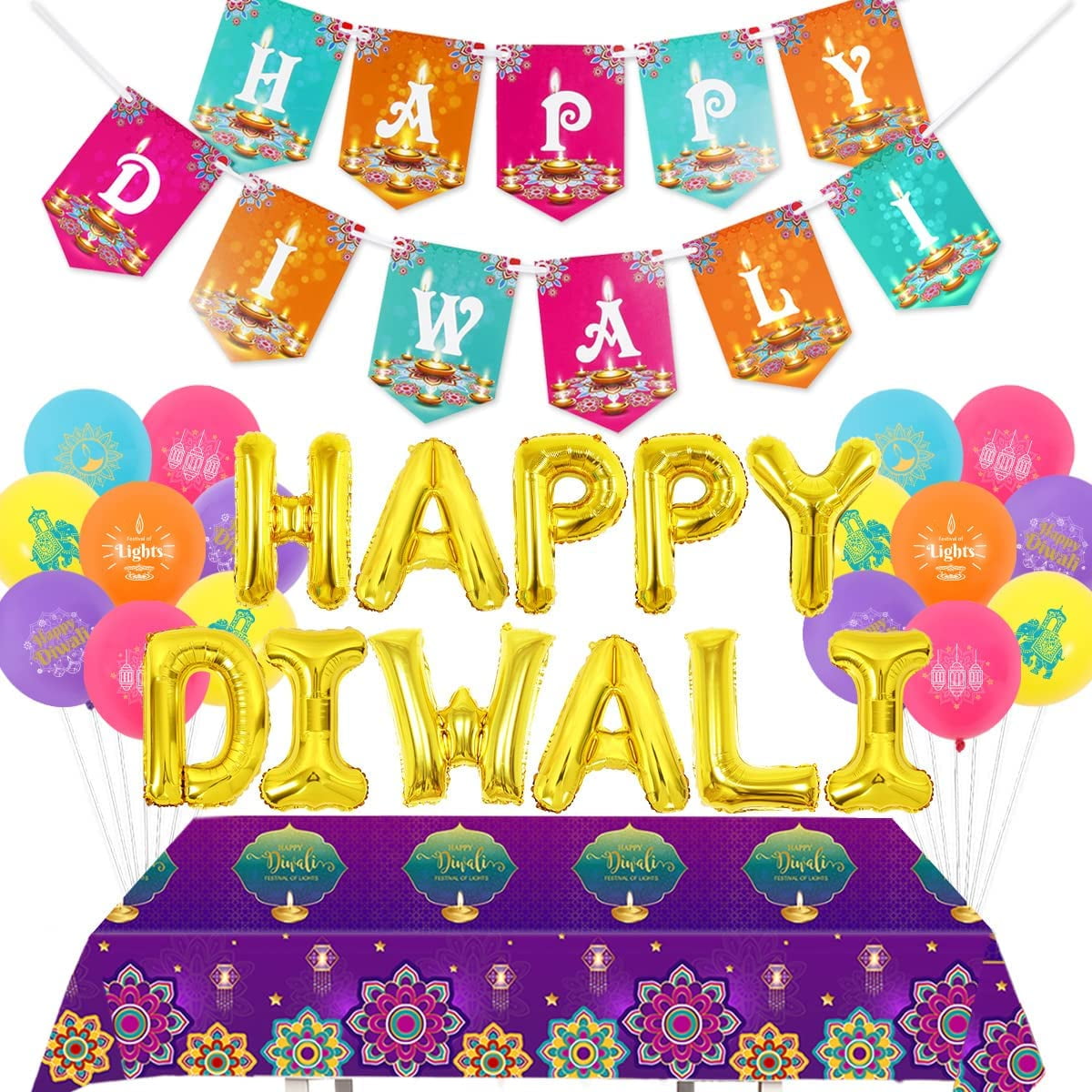 Happy Diwali Party Decorations Set, India Deepavali Holiday Festival of Lights Banner, Colorful Balloons, Tablecloth, Deepavali Hindu Party Supplies