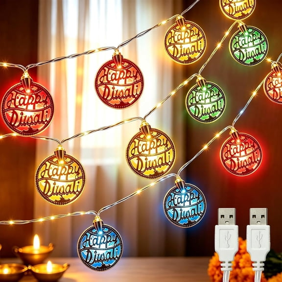 Happy Diwali String Lights Multicolor, 2 Pack 10.4FT Diwali Decoration | USB Powered 20 LED Gold Metal Cutout Diwali Light Gifts Indian Festival Party Altar Puja Room Mandir Wedding Backdrop Decor