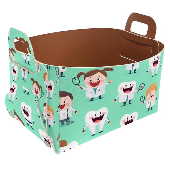 Happy Doctor Tooth Storage Basket Collapsible Storage Bin, PU Foldable Basket Convenient Box Storage Organizer with Handles for Shelves Office Bedroom Closet Nursery Toys Laundry