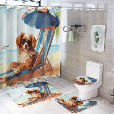 Happy Dog 4 Piece Shower Curtain Sets, with Non-Slip Rugs, Toilet Lid Cover And Bath Mat, for Bathroom Decor Set