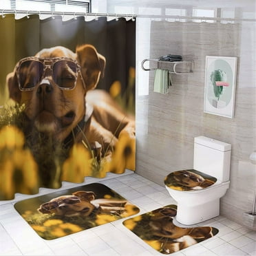Happy Dog 4 Piece Shower Curtain Sets, with Non-Slip Rugs, Toilet Lid Cover And Bath Mat, for Bathroom Decor Set